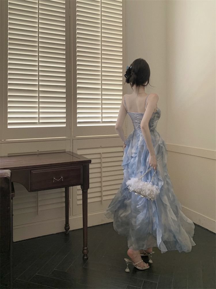 Ruffle Spaghetti Dye Maxi Sun Tie Strap Chiffon Hem Dress