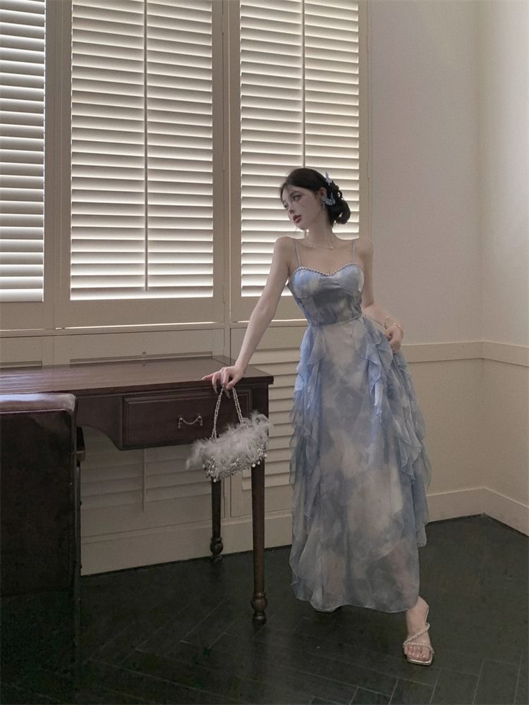 Ruffle Spaghetti Dye Maxi Sun Tie Strap Chiffon Hem Dress