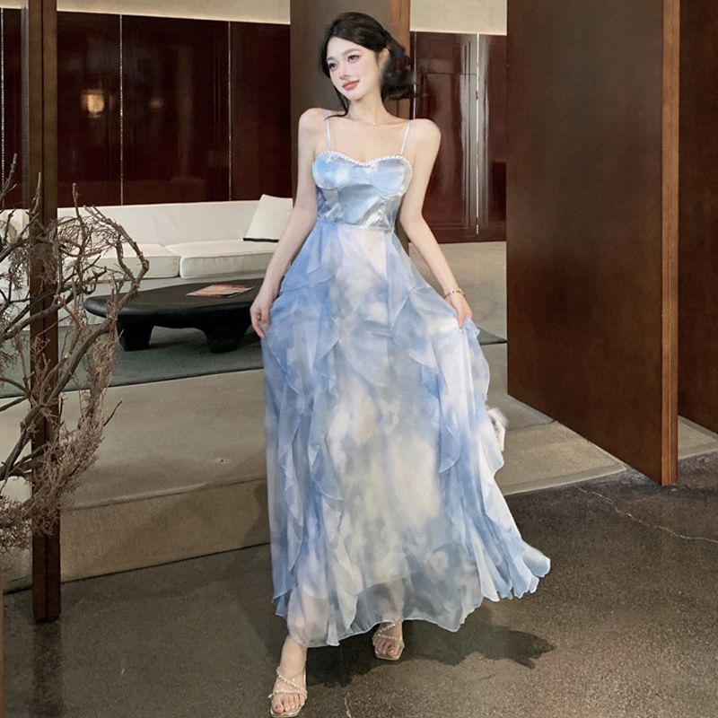 Ruffle Spaghetti Dye Maxi Sun Tie Strap Chiffon Hem Dress