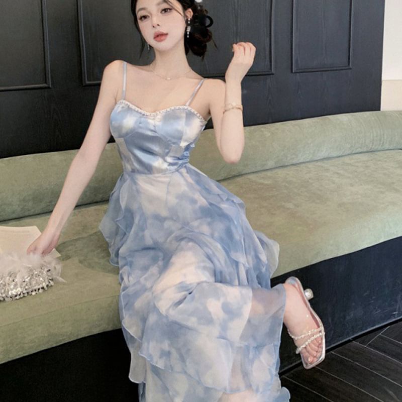 Ruffle Spaghetti Dye Maxi Sun Tie Strap Chiffon Hem Dress