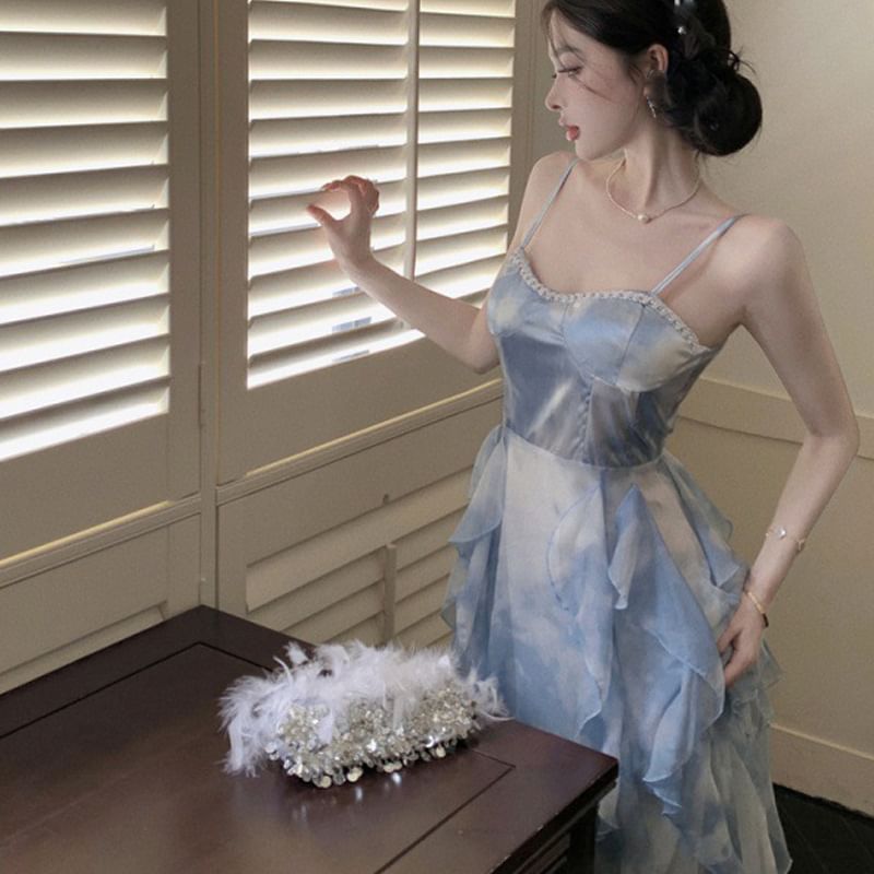 Ruffle Spaghetti Dye Maxi Sun Tie Strap Chiffon Hem Dress