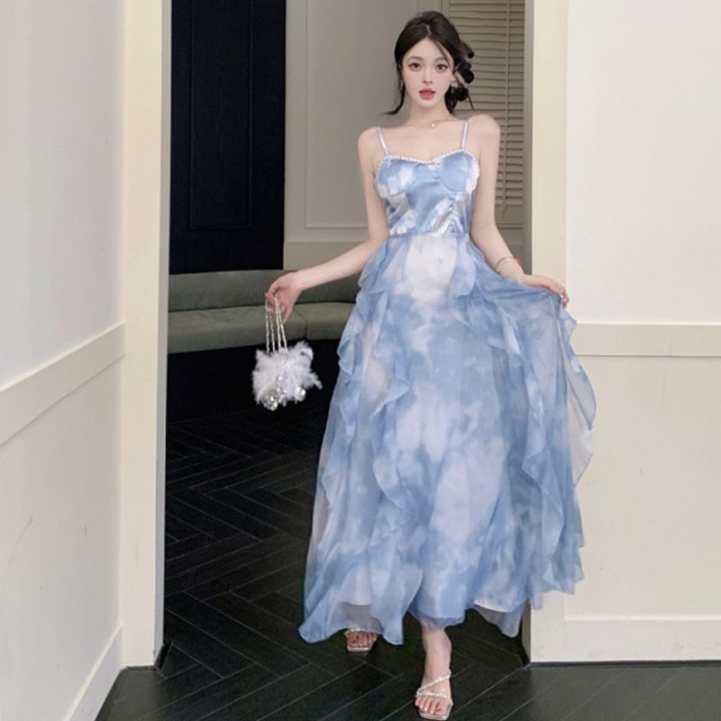 Ruffle Spaghetti Dye Maxi Sun Tie Strap Chiffon Hem Dress