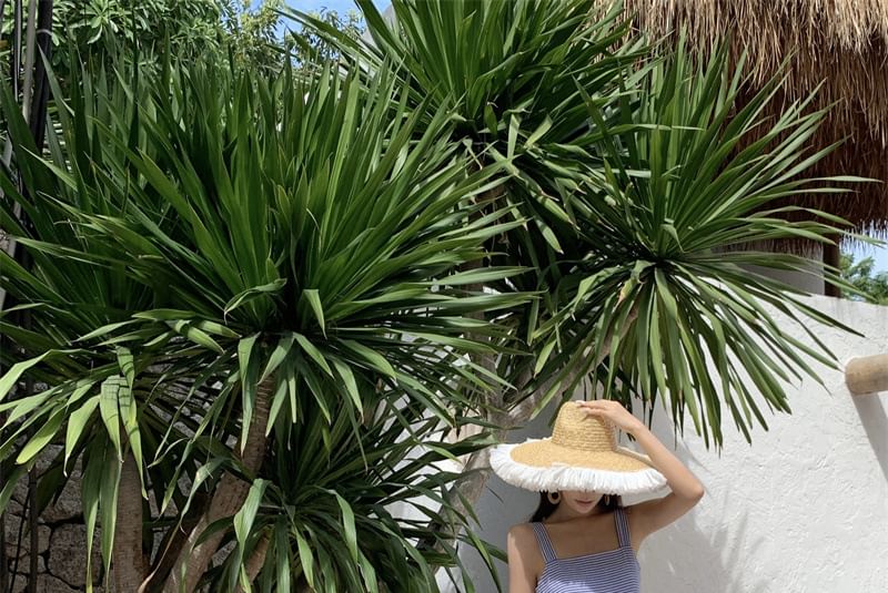 Dress Maxi Spaghetti Striped Square Ruffle Strap Neck Sun