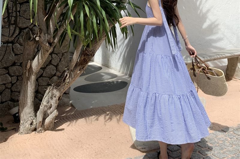 Dress Maxi Spaghetti Striped Square Ruffle Strap Neck Sun
