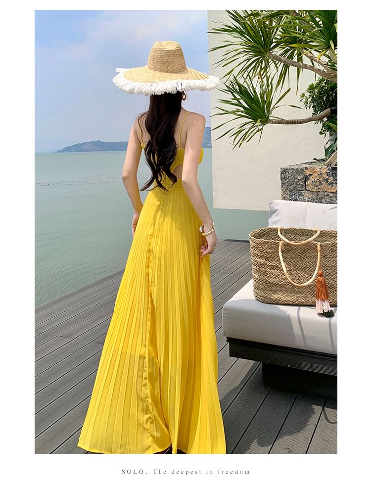 Dress Chiffon Spaghetti V-Neck Maxi Cutout Pleated Strap