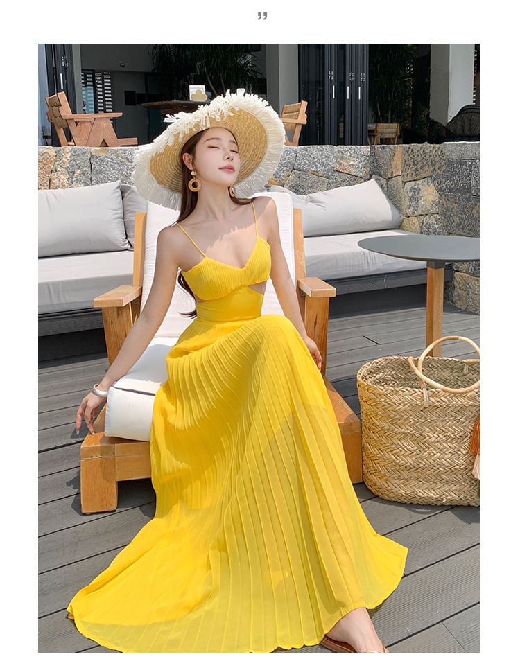 Dress Chiffon Spaghetti V-Neck Maxi Cutout Pleated Strap