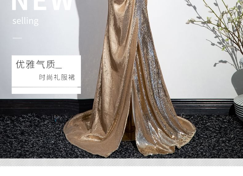 Bow Sequin Slit Trumpet Tube Evening Gown