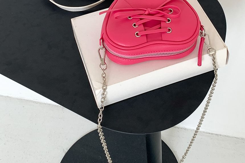 Leather Lace-Up Faux Crossbody Strap Bag Shaped Heart Chain