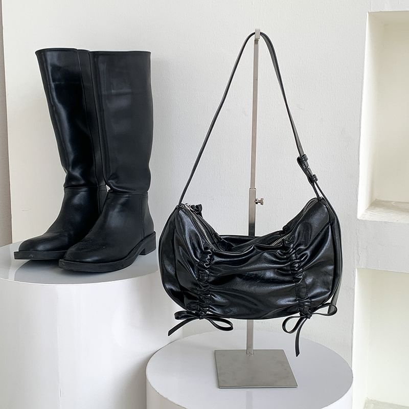 Shoulder Faux Bag Drawstring Plain Leather