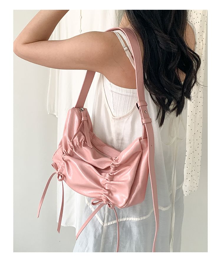Shoulder Faux Bag Drawstring Plain Leather