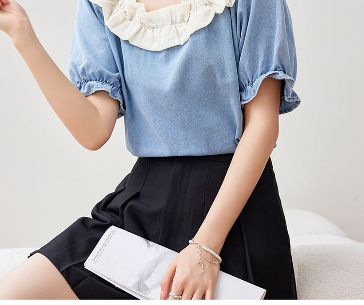 Ruffle Short Sleeve Scoop Neck Denim Top