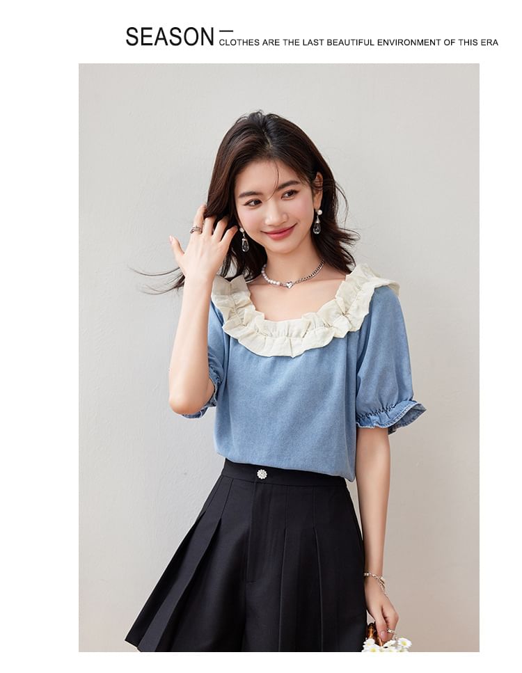 Ruffle Short Sleeve Scoop Neck Denim Top