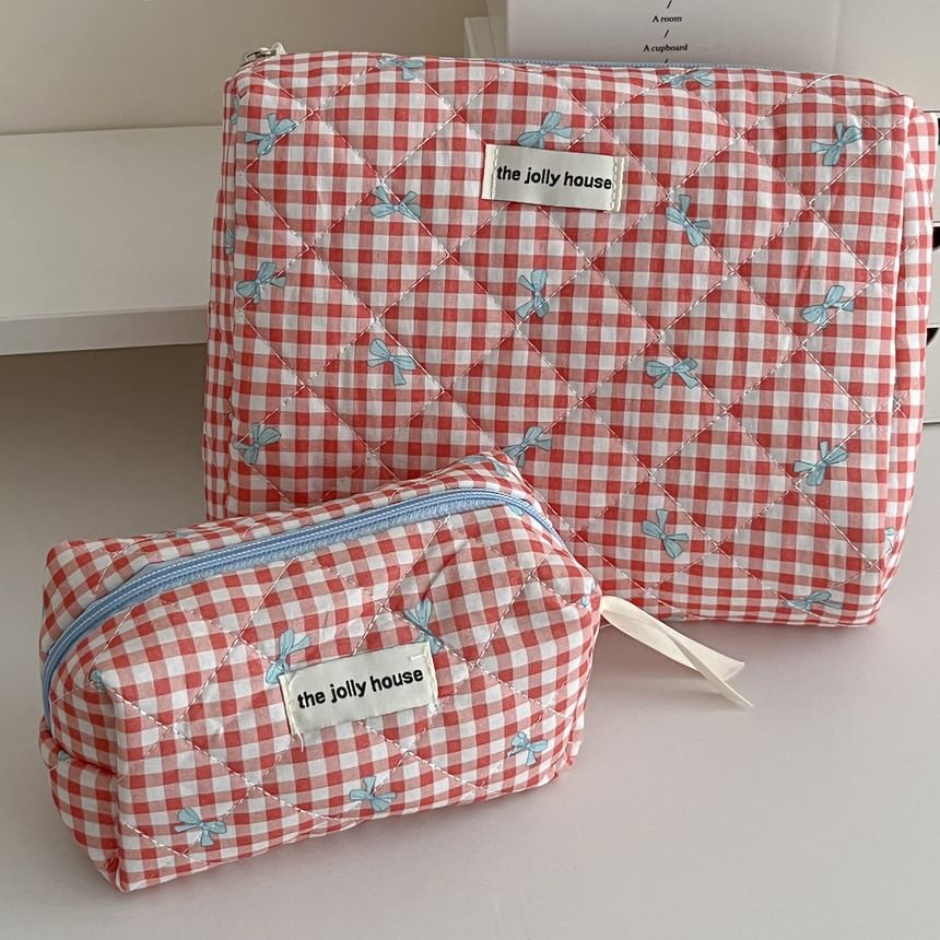 Bow Plaid Fabric Makeup Bag / Clutch / Pencil Case