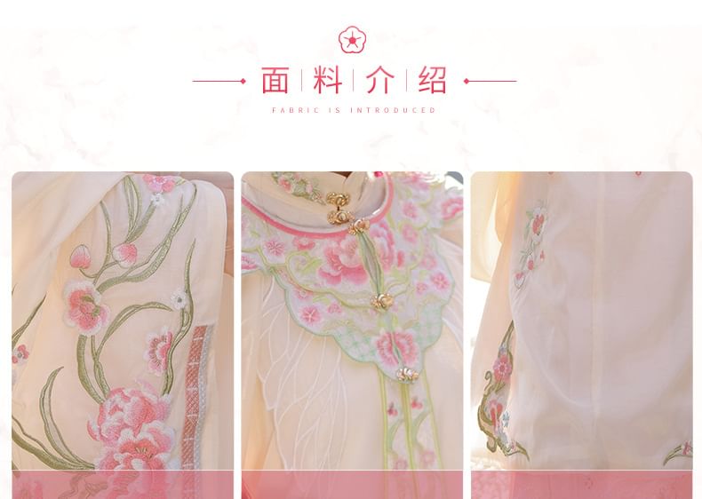 Set: Floral Embroidered Hanfu Long Blouse + Maxi Skirt + Scarf