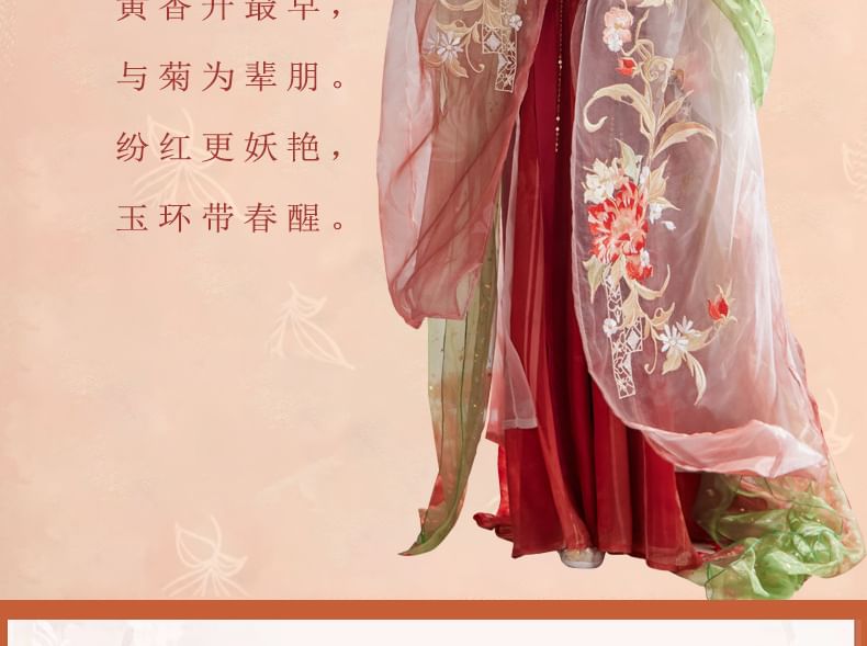 Set: Floral Embroidered Hanfu Maxi Dress + Long Light Jacket + Scarf