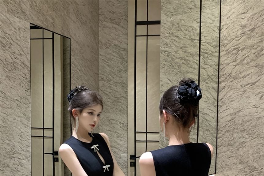 Dress Neck Mini Plain Bow Rhinestone A-Line Cutout Round Sleeveless