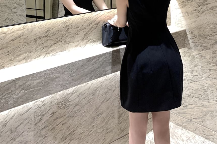 Dress Neck Mini Plain Bow Rhinestone A-Line Cutout Round Sleeveless