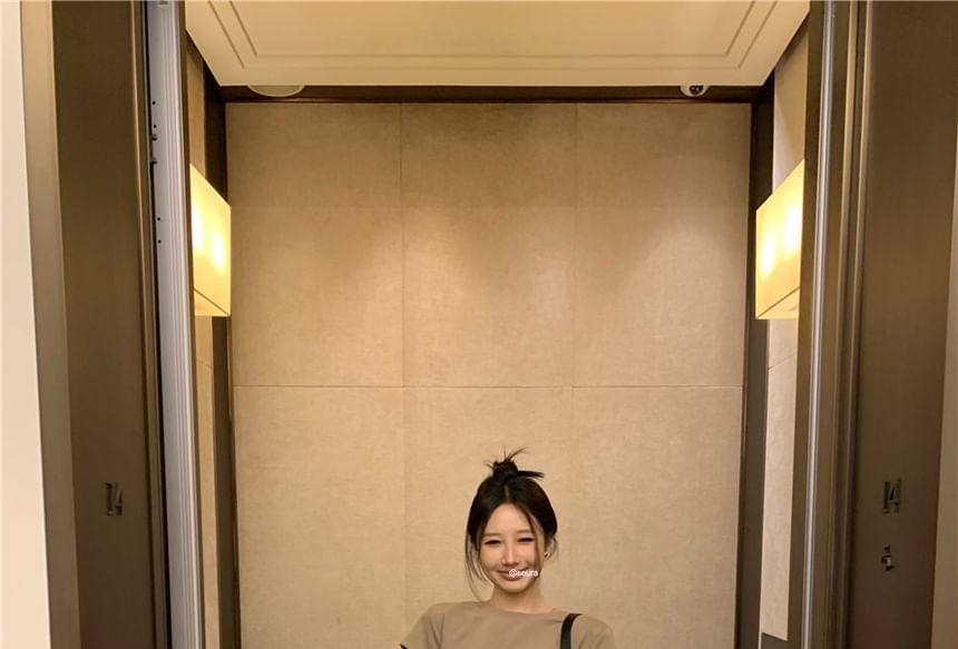 Crew Lettering Plain Embossed Dress Mock Piece Neck Short-Sleeve Two Mini A-Line