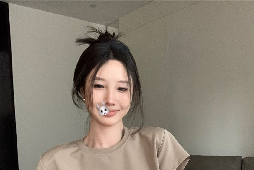 Crew Lettering Plain Embossed Dress Mock Piece Neck Short-Sleeve Two Mini A-Line