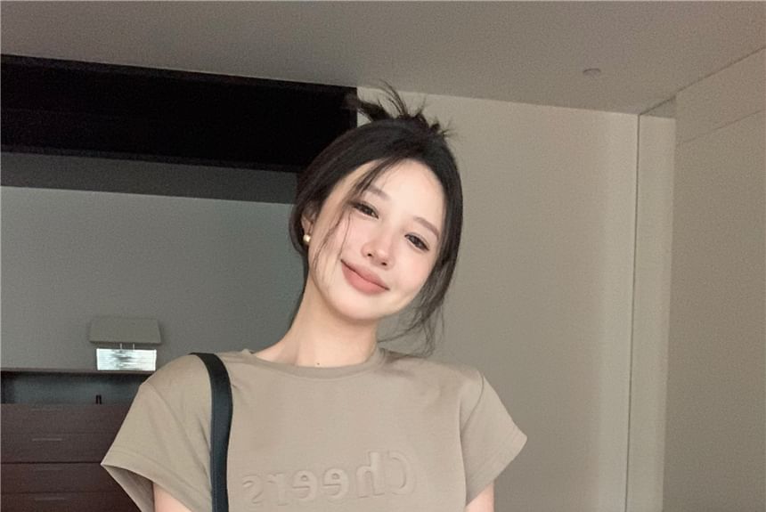 Crew Lettering Plain Embossed Dress Mock Piece Neck Short-Sleeve Two Mini A-Line