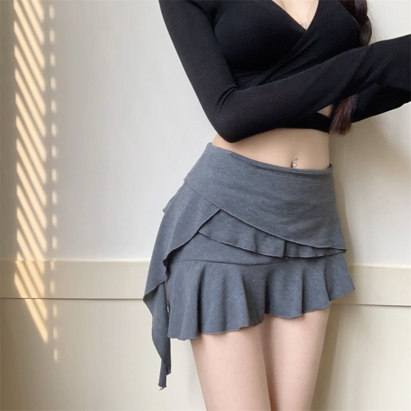 Rise Mini Plain Skirt Ruffle Asymmetrical A-Line Panel Mid