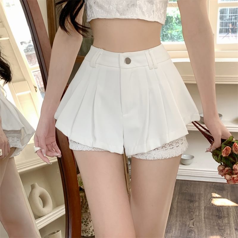 Lace High Waist Pleated Plain Panel Shorts