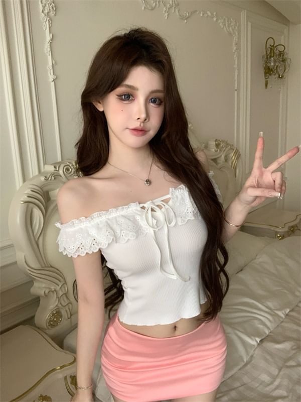 Ruffle Shoulder Top Off Short-Sleeve Tie-Up Plain