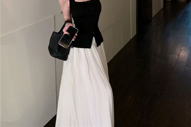 Top Plain A-Line Button Tank High Neck Square Maxi / Skirt Rise