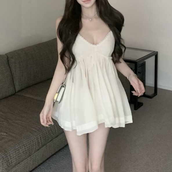 Trim Sundress Lace V-Neck Spaghetti Mini Plain Strap