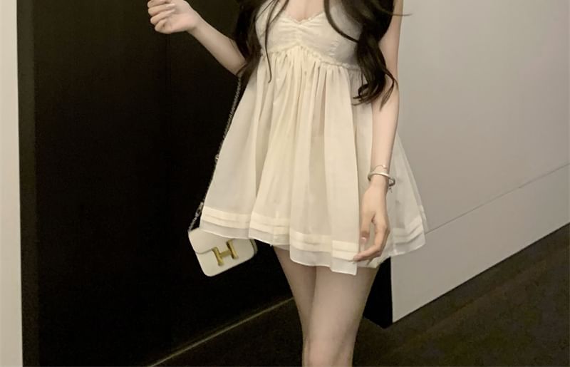 Trim Sundress Lace V-Neck Spaghetti Mini Plain Strap