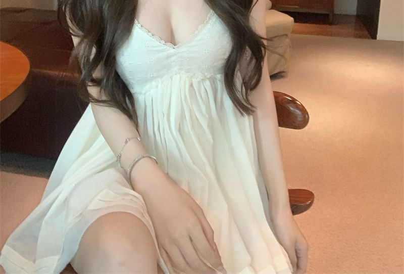 Trim Sundress Lace V-Neck Spaghetti Mini Plain Strap
