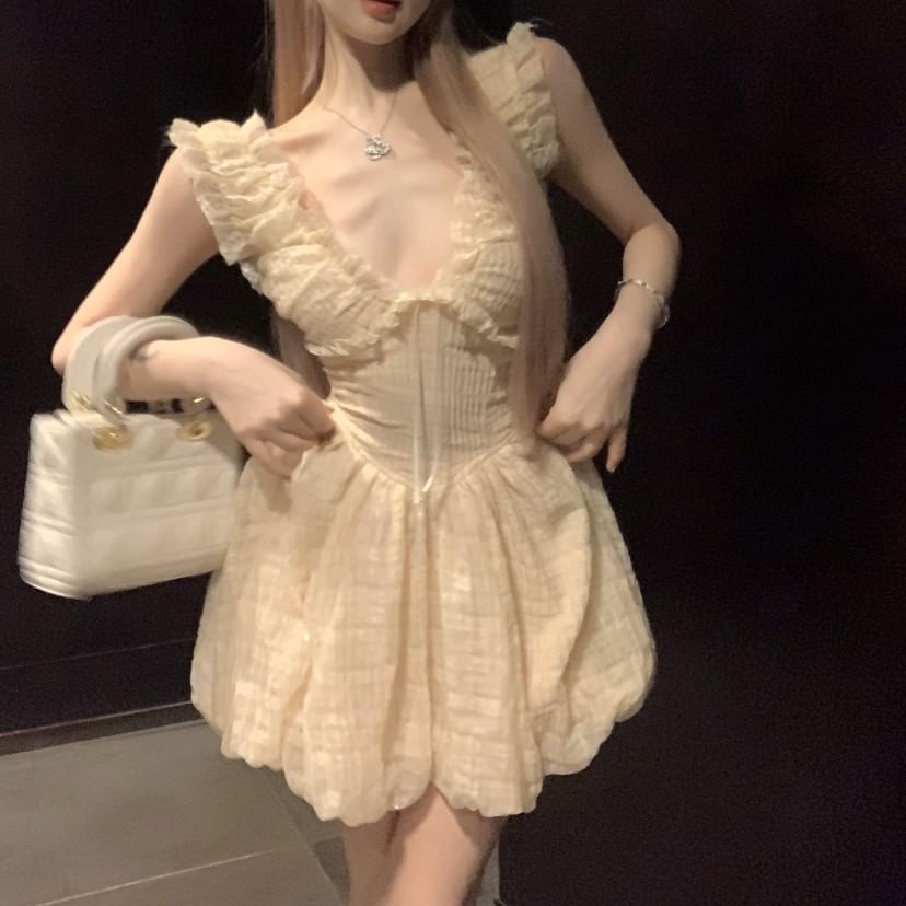 Mini A-Line Dress Plain Ruffle Sleeveless