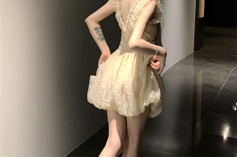 Mini A-Line Dress Plain Ruffle Sleeveless