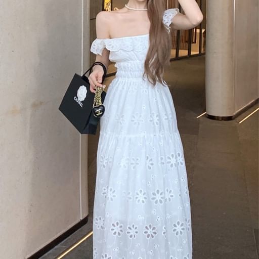 Dress Lace Off-Shoulder A-Line Midi Ruffled Eyelet