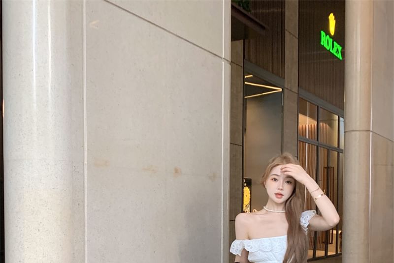 Dress Lace Off-Shoulder A-Line Midi Ruffled Eyelet