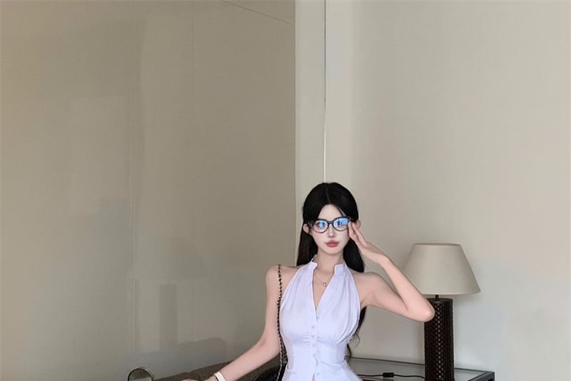 Sleeveless Skirt V-Neck Button-Up Mini High Rise Striped Shirt / Pencil