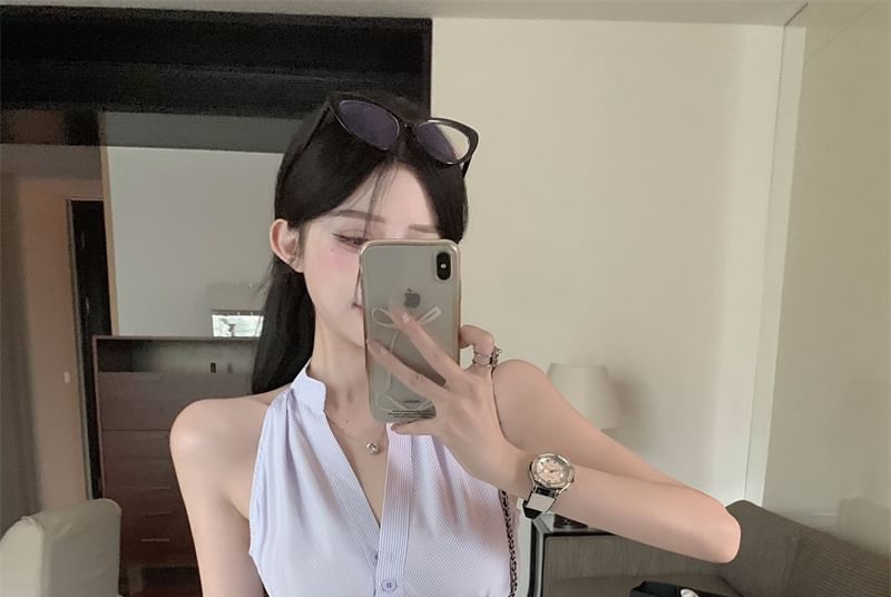 Sleeveless Skirt V-Neck Button-Up Mini High Rise Striped Shirt / Pencil