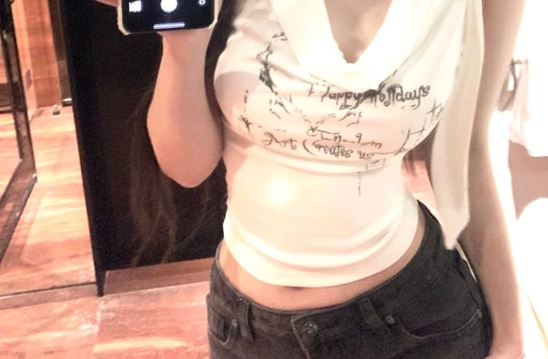 Lettering Tank Neck Crop Cowl Choker-Neck Top