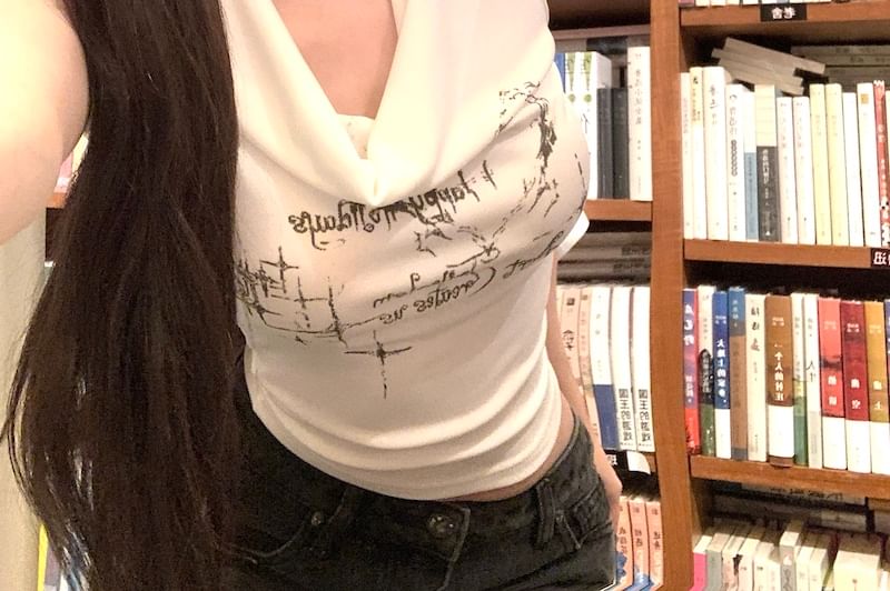 Lettering Tank Neck Crop Cowl Choker-Neck Top