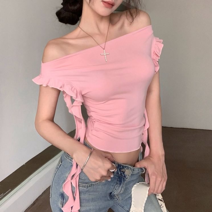 Plain Crop Ruffled T-Shirt Off-Shoulder