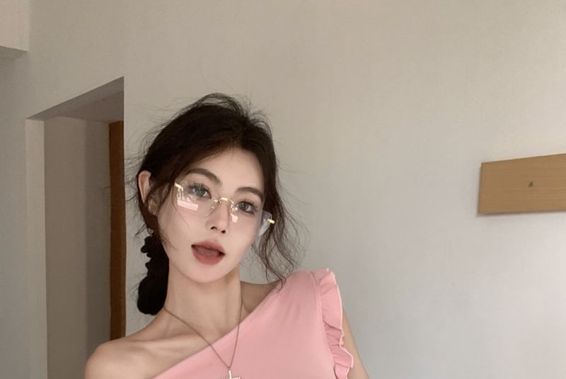 Plain Crop Ruffled T-Shirt Off-Shoulder