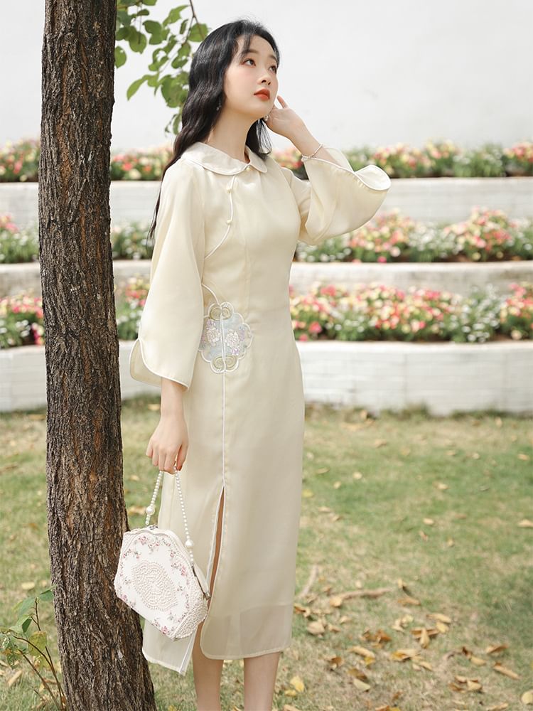 3/4-Sleeve Peter Pan Collar Floral Embroidered Slit Midi A-Line Dress