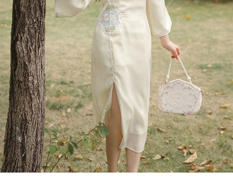 3/4-Sleeve Peter Pan Collar Floral Embroidered Slit Midi A-Line Dress