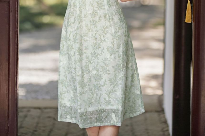 Short-Sleeve Stand Collar Floral Print Contrast Trim Frog Buttoned Midi A-Line Dress