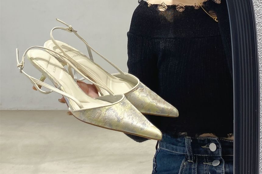 Kitten Pumps Pointed Slingback Jacquard Toe Heel