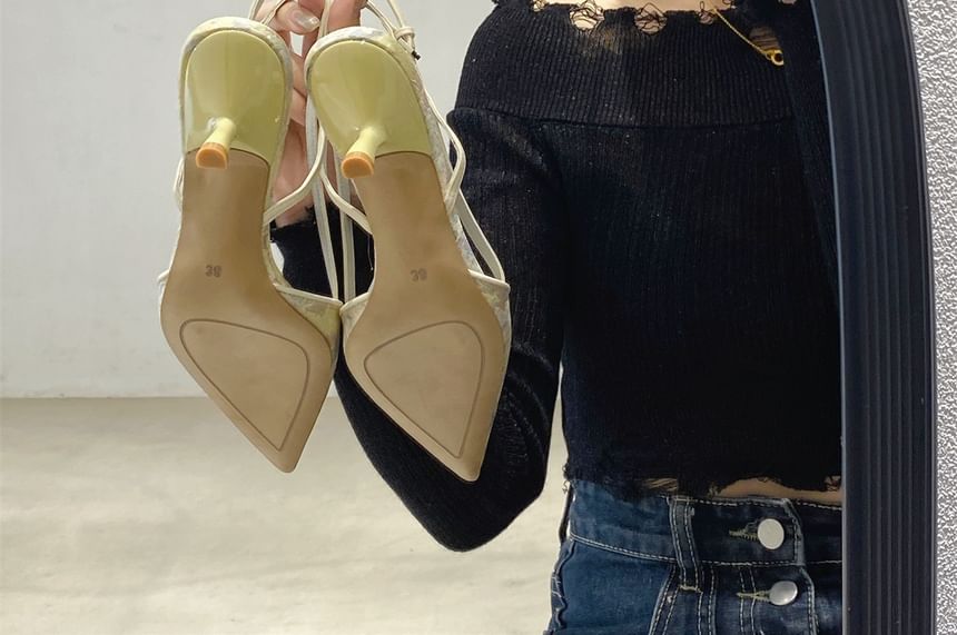 Kitten Pumps Pointed Slingback Jacquard Toe Heel