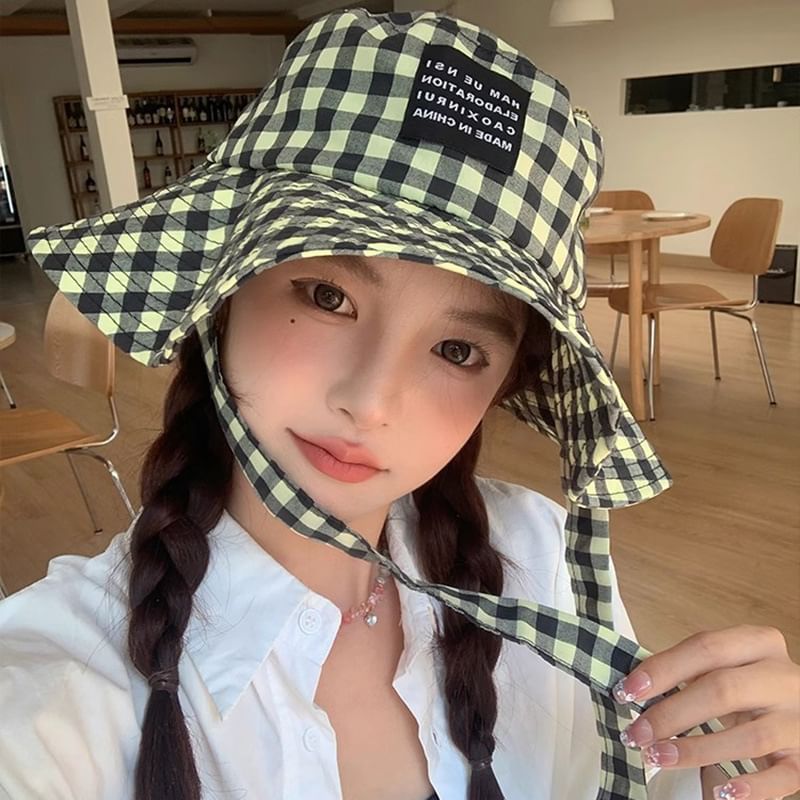 With Checkered Cotton Hat Chin Strap Bucket
