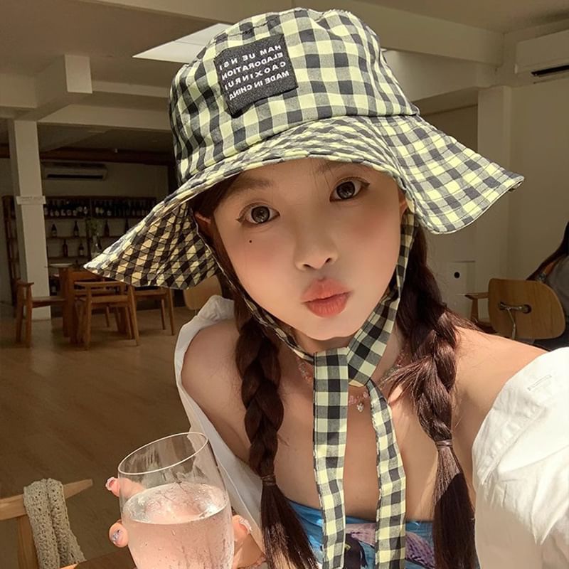 Checkered Cotton Bucket Hat With Chin Strap