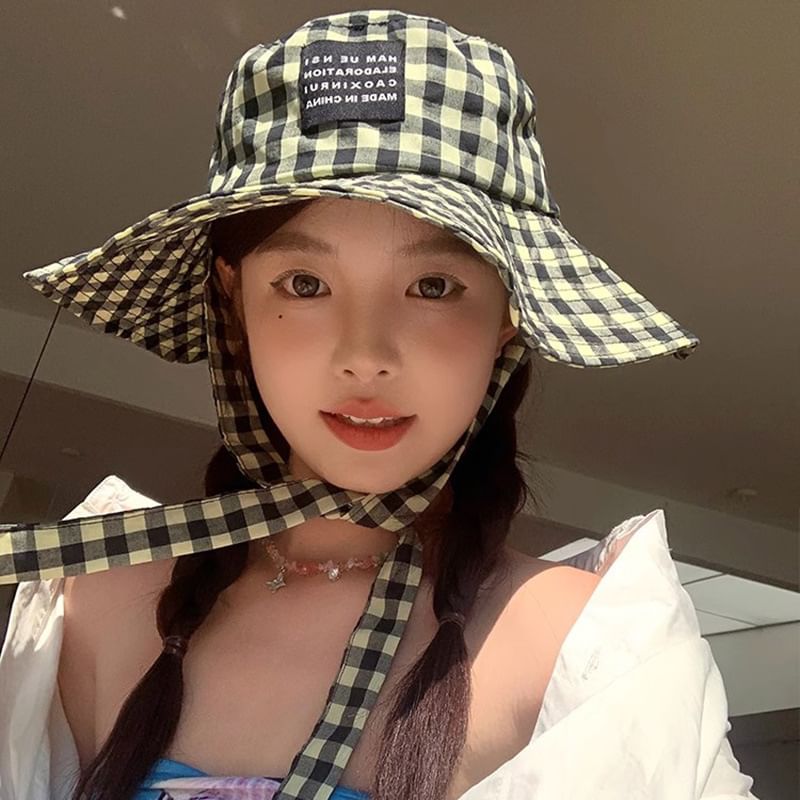 With Checkered Cotton Hat Chin Strap Bucket