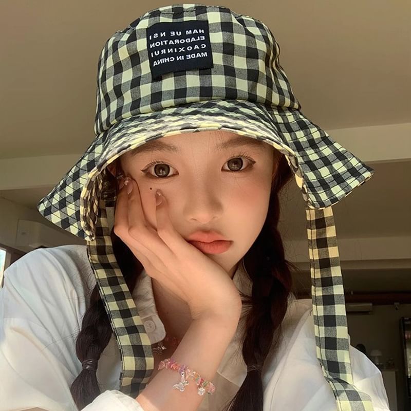 With Checkered Cotton Hat Chin Strap Bucket